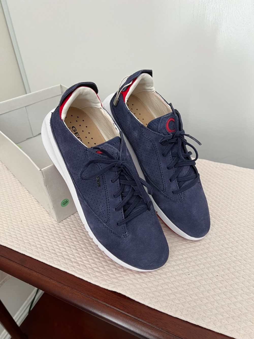 Geox women Navy Suede stretch Lace-Up Sneakers with White Sole and Red Accent
